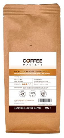 Coffee Masters Brazil Carbon Conscious Cafetiere Ground Coffee 200g - Single Origin, 100% Arabica Beans - Medium Roasted Brazilian Bean for Cafetiere