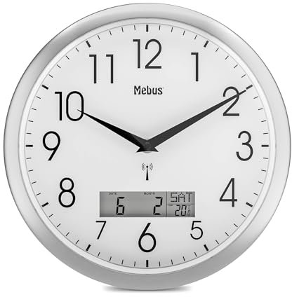 Mebus Funk-Wanduhr, 29 cm, lautlos, LCD-Anzeige für Datum und Temperatur, weiß, Modell 19422 - Multifunktional und leise