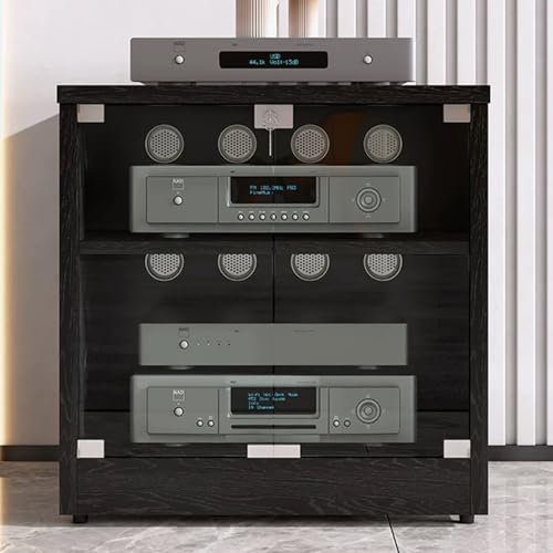 YHWKGZ Audio Rack Hi Fi Regal, Mit Glastüren Modernes Hi Fi Rack, Entertainment-Phonoschrank, Video-Record Player Stand for Spielekonsolen/DVD-Player/Projektoren/TV-Zubehör(Nero,23.6x23.6)