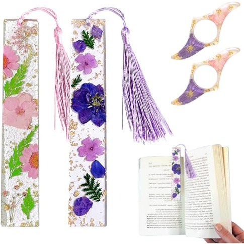 DKDDSSS 4 Pcs Getrocknete Blume Harz Lesezeichen, Gepresste Blumen Lesezeichen, Buchseitenhalter aus Harz, Personalisierte Lesezeichen mit Quasten, für Leseliebhaber Studenten Lehrer