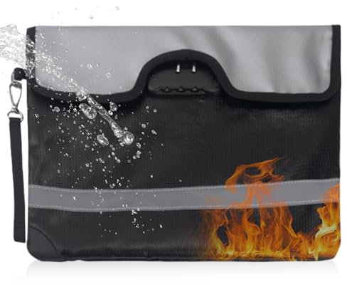 Asfrode Feuerfeste Tasche, 34x25cm Dokumententasche mit Schloss wasserdichte Aufbewahrungstasche mit Reflektierendem Streifen Tresor Tasche für A4-Dokumente Reisepässe