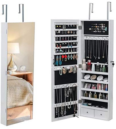 FairyLee Schmuckschrank mit langem Spiegel, zum Aufhängen an der Tür oder zur Befestigung an der Wand, abschließbarer Wandschrank,großes Fassungsvermögen, 2 Schubladen, Weiß