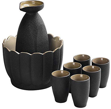 Set da 9 pezzi per sakè giapponese, set di bicchieri da vino smaltati neri con pentola scaldavivande e fornello a candela, consistenza pittoresca, per un servizio di sakè caldo e freddo. Il migli
