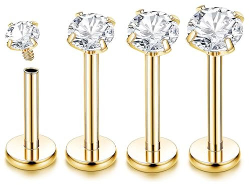 IKOPFLN 16G G23 Titan Labret Piercing Set - Internally Threaded für Lippen, Ohr, Tragus, Medusa, Knorpel, Helix - 4 Paar Gold 2/3/4/5mm