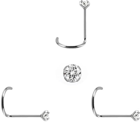 DENI 3 Nasenstecker aus Sterlingsilber mit Stein von 2 mm, kubischem Zirkonia mit atemberaubendem Glanz und gebogenem Stiel, Dicke 0,6 mm, Länge 6,5 mm, Standardgröße., 6,5mm largo, Silber, Kein