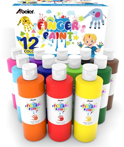 ABEIER Colori per dita per bambini, atossici, 250 ml x 12, resistenti al lavaggio, lavabili, colori per dita per bambini, accessori per la pittura sicuri per l'asilo, la scuola, l'apprendimento