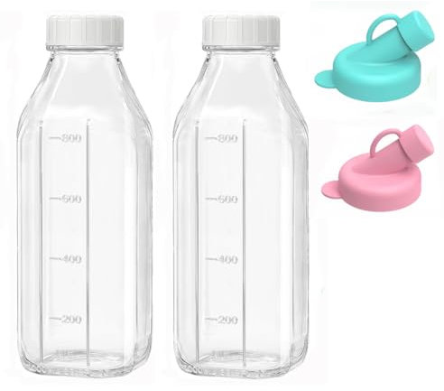 Lot de 2 Bouteilles Transparentes en Verre avec Bouchon avec Couvercles, Réutilisables, 1 Litre, Bouteilles de Jus Pour Laiterie, Jus de Fruits Pour Petit DéJeuner, Pique-Nique, Mariage (2 Pack)