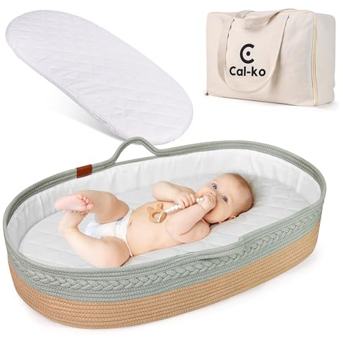 Cal-ko Moses Basket for Newborns – Baby Changing Basket with Waterproof Pad – Reinforced Mesh Sides – Includes Travel Case – Portable Diaper Basket for Dresser Top or Nursery Use (Cotton, Teal)