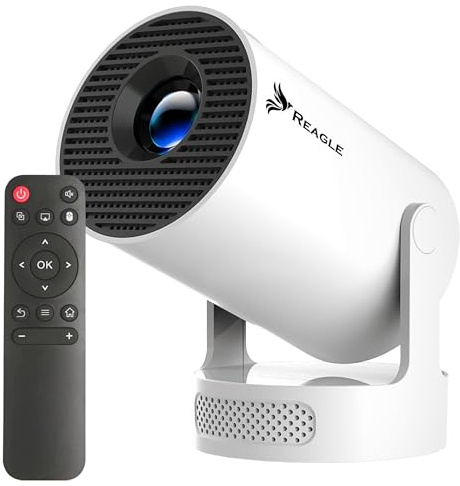 REAGLE R-Movielum-P10 - Mini proyector Inteligente con Android 14, con Soporte Giratorio de 180°, Soporte de Full HD y 4K 2 GB + 16 GB 130 Pulgadas, 260 ANSI, Mando a Distancia de Cine en casa ± 40°