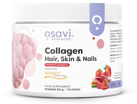 Osavi Collagen Hair, Skin & Nails – 150 g Powder | 30 Doses | Rhubarb & Strawberry Flavor | VERISOL® Collagen Peptides for Hair Thickness, Skin Elasticity & Nail Strength | Reduces Wrinkles, Cellulite