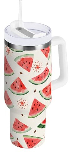 ALAZA Coffee Cup 30 oz Stainless Steel Water Bottle Travel Mug with Straw Lip and Handle Watermelon Leakproof Insulated Tumblers Drink Flask Sports Metal Bottle for Iced Hot Tea