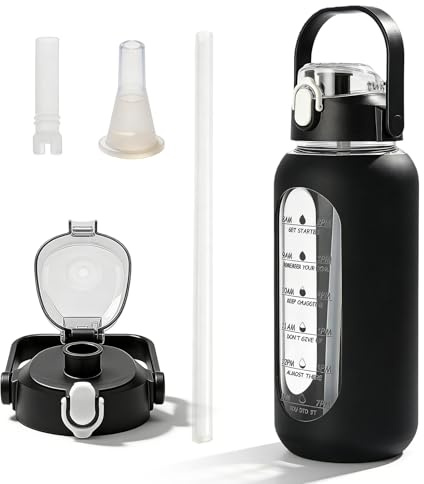 Borraccia in vetro da 1800 ml, bottiglia di vetro, bottiglia d'acqua con manico, marcature del tempo e cannuccia, borraccia con custodia protettiva in silicone, per uso quotidiano, colore nero