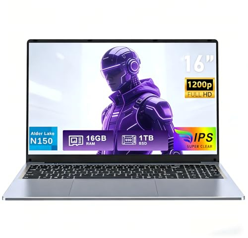 FUNYET Ordenador Portátil 16 Pulgadas, 16 GB de RAM, 1 TB de SSD, Win 11 Pro Laptop, 2025 PC Portátil Procesador N150 (hasta 3,6 GHz) Notebook, 6000mAh, FHD 1920 * 1200, Teclado Retroiluminado,USB3.0