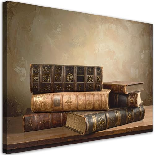 Feeby Leinwand Bilder - Bild Wohnzimmer - Alte Bücher im Retro-Vintage-Stil - 90x60 1tlg - Deko Schlafzimmer Groß - Dekoration Canvas - Gemälde - Modern Wandbilder - Kunstdruck