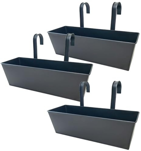 Bemonew Macetero de barandilla para terraza, paquete de 3 unidades de metal para colgar barandilla de cubierta con agujeros de drenaje y ganchos duales, cajas de flores para balcón al aire libre para