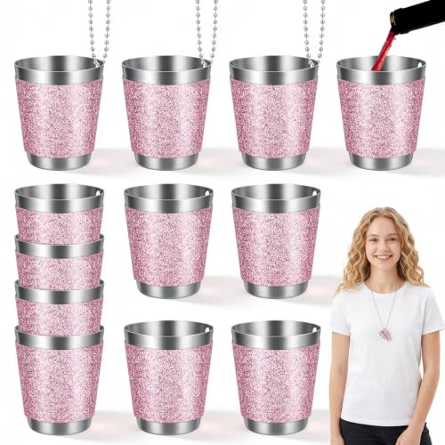 Zpcipro 12 stycken snapsglas att hänga upp 30 ml, shotglas rostfritt stål med kedja, shot mugg metall, rosa shotmugg för JGA kvinnor, bröllopsfest, födelsedagsfest, temafest