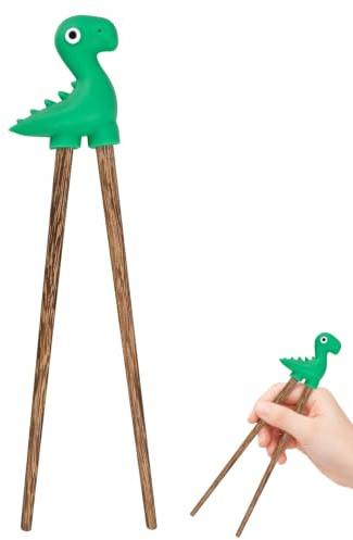 HIVTE Kids Wooden Training Chopsticks with Animal Design, Sushi Chopsticks Learning Aid for Beginners, Reusable Chopsticks for Children with Chopstick Helper Dinosaur Designed