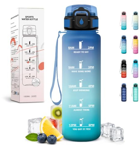 JAPORIA Borraccia 1L, Borraccie con Cannuccia, Marcador de Tiempo, Bottiglia Riutilizzabile, a Prova di Perdite, Perfetta per Scuola, Adulti, Ufficio, Yoga