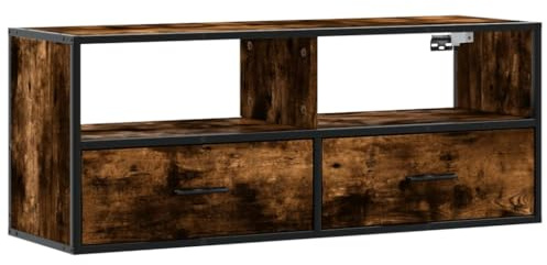 Coespram Mobile TV sospeso, 100 cm, moderno mobile TV in rovere affumicato, con struttura in metallo, per soggiorno, montaggio a parete, in legno con spazio e cassetti