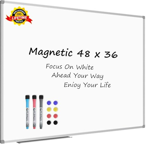 Lockways White Board Dry Erase Board 48 x 36 Inch, Magnetic Whiteboard 4 x 3, Silver Aluminium Frame, Set Including 1 Detachable Aluminum Marker Tray, 3 Dry Erase Markers, 8 Magnets