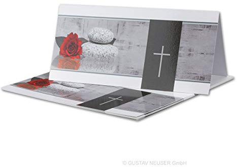 15x Danksagungskarten Trauer DIN LANG - Doppelkarten aufklappbar - Trauerkarten mit Motiv Rose Stein Trauerkreuz - würdevolle Dankeskarte
