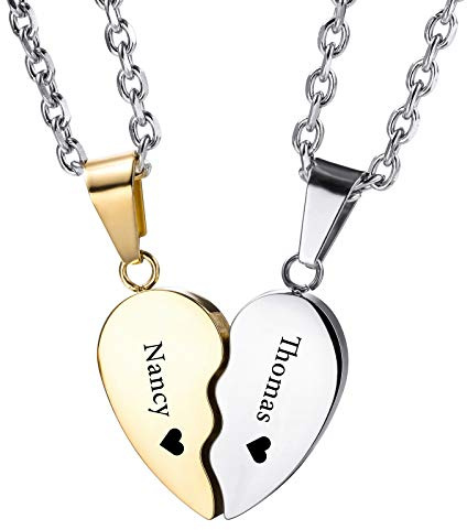 INBULE Personalisierte Herz Pärchen Halskette mit Wunschgravur von Name Datum für Paare Damen Herren Liebhaber Geburtsstein Edelstahl Verstellbare Kette Liebevolle Beziehung Puzzle Anhänger