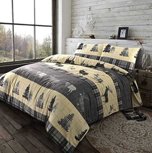 L S U XMAS Stag Tartan Thermal Flannel Duvet Cover Set Brushed Cotton All British Size (Grey, Double)