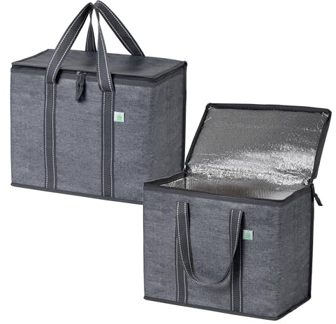 VENO 2 Pack Cooler Bag and Insulated Grocery Bags for Food Delivery, Collapsible Cooler. Reusable Shopping Bags for Groceries with Hard Bottom, Zippered Top, Foldable, Heavy-Duty (Gray, 2 Pack)