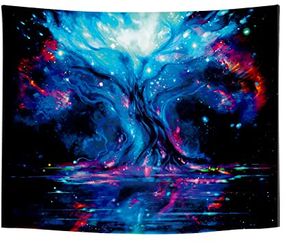 Roninkier Lebensbaum Wandteppich Psychedelic Wald - Mond Sonne Tapisserie Fluoreszierender-UV Wandbehang WandtüCher Schwarz ästhetik Wandtuch Dekor für Schlafzimmer Wohnzimmer,150x130cm
