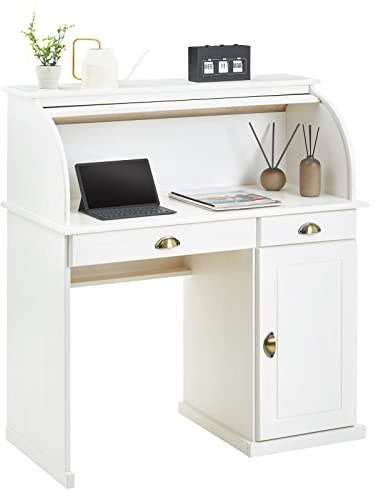 IDIMEX Bureau secrétaire Tom avec volet Roulant Rangement 2 tiroirs et 1 Porte avec étagère, en pin Massif lasuré Blanc