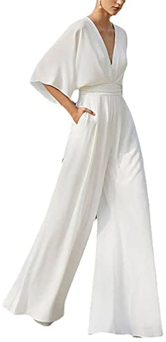 Vagbalena Tuta Da Donna Sexy Profonda Con Scollo A V A Vita Alta Senza Maniche A Gamba Larga Pantaloni Da Sposa Abbigliamento Da Lavoro Tascabile Bianco XL