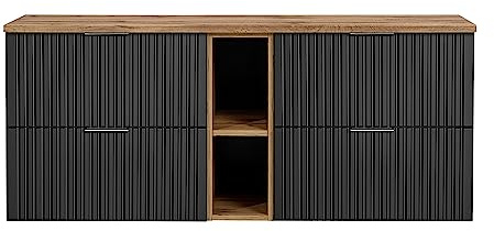 Lomadox Badezimmermöbel Waschtisch-Unterschrank 140cm matt schwarz mit Eiche Nb., gerilllte Front Waschbecken Badschrank mit 4 Softclose-Auszügen, B/H/T ca. 140,6/59,2/46,5 cm