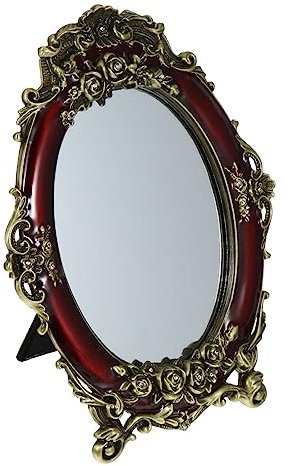 FRCOLOR Vintage Make up Spiegel 7 Zoll Retro Metall Tischspiegel Schlafzimmerspiegel Weinrot Mit Ständer Europäischer Stil Dekor
