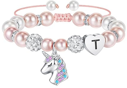 TINGN Einhorn Geschenke für Mädchen - Einhorn Armband Kinder Regenbogen Rosa Perle und Strass Kugeln Herz Buchstaben Kinderarmband Schmuck Geburtstagsgeschenk Geschenke für Mädchen Tochter Enkelin