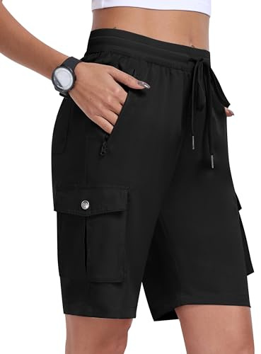 MoFiz Shorts Damen Kurze Hose Sommer Cargoshorts Wanderhose Trekkinghose Kurz Leichte Freizeithose Outdoor Sport Shorts mit 6 Taschen Schwarz Größe EU XL