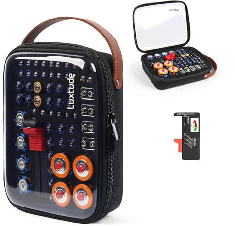 Luxtude Battery Organizer Storage Case with Tester, Clear Battery Case, Hard Batteries Caddy, Holds 66 PCS, Black