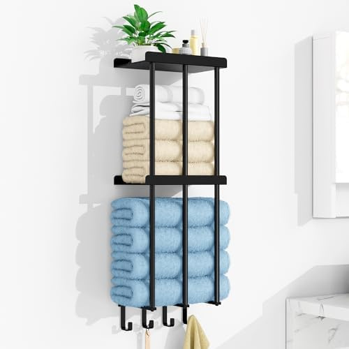 Handtuchhalter Ohne Bohren, Handtuchregal Selbstklebend Mit Ablage, Badetuchhalter für Badezimmer Wand Gästehandtuchhalter Badezimmer Handtuchregal,Badetuchhalter für, Schwarz