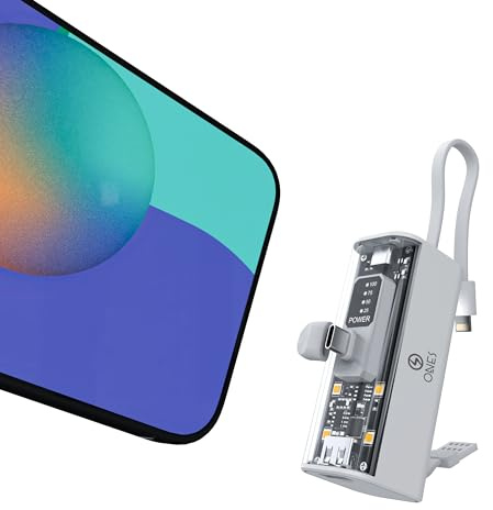 ONES Power Bank 5000mAh Bateria Externa, Carga Rápida, Mini Cargador Portátil con Pantalla LCD, Linterna para iPhone 16 15 14 13 12 11 Pro Samsung S23 S22 etc, Conector USB C y Cable Lighting, Blanco