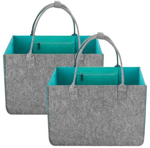 Huiguli 2 Pezzi XXL Grande Borsa in Feltro, 30L Borsa Shopper in Feltro con Tasca Interna, Borsa Spesa Pieghevole per Legna Ardere, Giornali, Spesa, Giocattoli, Picnic, Deposito, 40x27x27cm