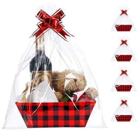RoxNvm Präsentkorb Leer, 4 Geschenkkorb Leer, Kariert Präsentkorb Pappe Mit Zugschleifen Und Transparenten Geschenktü, Geschenkkiste Ohne Deckel, Geschenkkörbe Leer für Weihnachten Partygeschenke