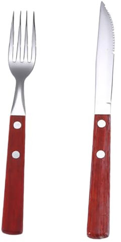 Cabilock 2piezas Cuchillo y Tenedor De Carne Inoxidable y Mango De Madera Cortador y Tenedor Para Vajilla