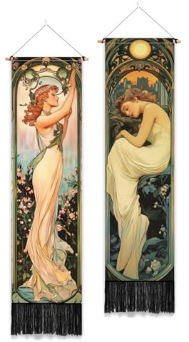 PLIGREAT 2 Pack Mucha Style Vertical Tapestry Art Nouveau Poster Aesthetic Wall Hanging for Bedroom Bathroom Living Room Vintage Long Narrow Wall Hanging Dorm Room Home Art Decor