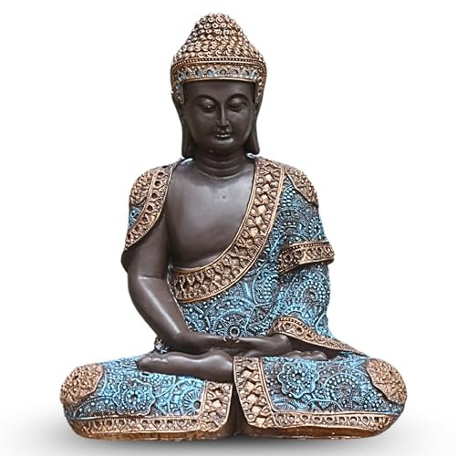 Buda de la Suerte, 41 cm (Celeste) – Budas Decorativos Grandes de Piedra Artificial para Decoracion Jardin Exterior, Figuras Jardin Exterior y Estatuas Decorativas Grandes.