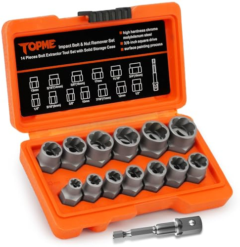 Bolt Extractor Kit,14 Piece Impact-Grade CR-MO Steel Nut Remover Set, 3/8 Drive Socket for Removing Frozen/Rusted/Rounded Bolts & Lug Nuts (Sizes 8-19mm),Automotive & Machinery Repair