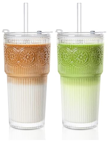 INSETLAN 600ml Iced Coffee Cup, 2 Pack Floral Glass Tumbler with Lids and Straws, Leakproof Smoothie Cup for Iced Coffee, Smoothies, Matcha, Tea, Juice, Ideal for Home and Outdoor Use
