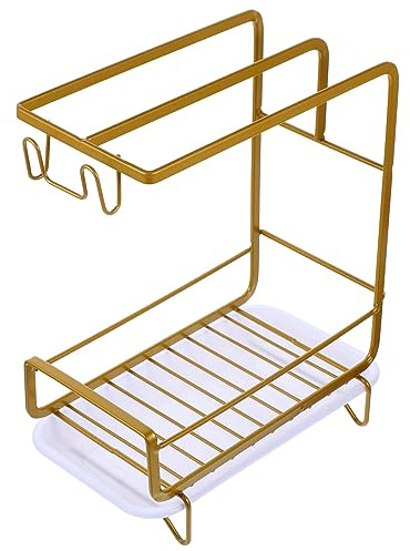 DINHEAROM Porte-éponge Cuisine Support Égouttoir Pour Éponge Organisateur Torchon Avec Bac à Eau Rangement Évier Cuisine