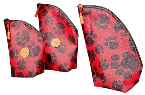Genérico Set Matero 3 Piezas, Yerbera Azucarera Portamate, Diseño Huellitas, Rojo y Negro, Impermeable, Cierre con Cremallera, Forro interior lavable, Liviano, Para viajes uso diario, Regalo Original