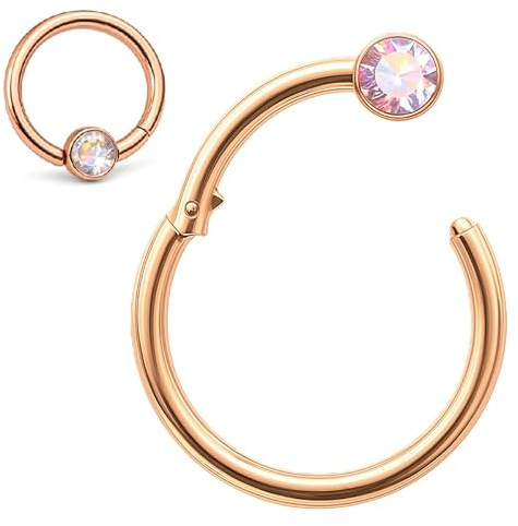 PIERCINGO® CLICKER Roségold ZIRKONIA KRISTALL Aurora Borealis Piercing-Ring Scharnier Septum Nase Ohr Helix STRASS Piercingring Klicker CHIRURGENSTAHL 316L EDEL-STAHL Rosé Gold