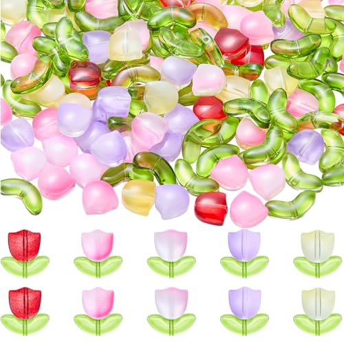 LEGENTLISUR 200Pcs Tulip Flower Glass Beads for Jewelry Making Lampwork Crystal Loose Beads for Bracelets Necklace Earring DIY Crafts Supplies