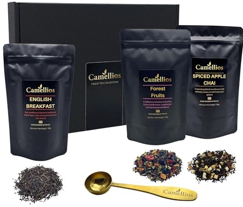 Luxury Loose Leaf Tea Gift Box – 3 × 100g English Breakfast, Spiced Apple Chai & Forest Fruits – Includes Stainless Steel Measuring Spoon – Premium Black Box, Perfect for Gifting